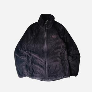 The North Face black fuzzy fleece jacket with embroidered logos on front and bac